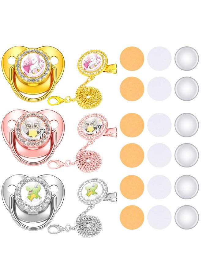 Bling Pacifier And Pacifier Clip Set 3 Pieces Sublimation Name Custom Pacifier Glitter Personalized Pacifier Artificial Crystal Bling Pacifier For Girl Gold Pacifier For Baby With Blanks Sets For Boys