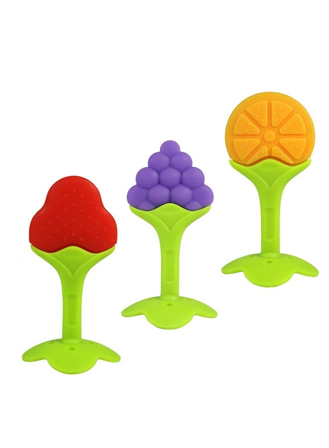 Infant & Baby Massager & Teether Toy 3Pack Fruitshaped Multitexture Teethers Soothe Sore Gums Nontoxic Bpafree Foodgrade Silicone Handsfree & Easy To Hold Safe To Freeze 3M+
