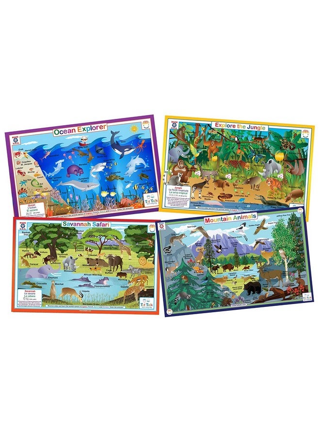 Educational Kids Placemats Animals Nature Of 4 Table Mats: Ocean Jungle Savanna Mountain Animals Reversible Activities Waterproof Washable Wipeable Durable Doublesided