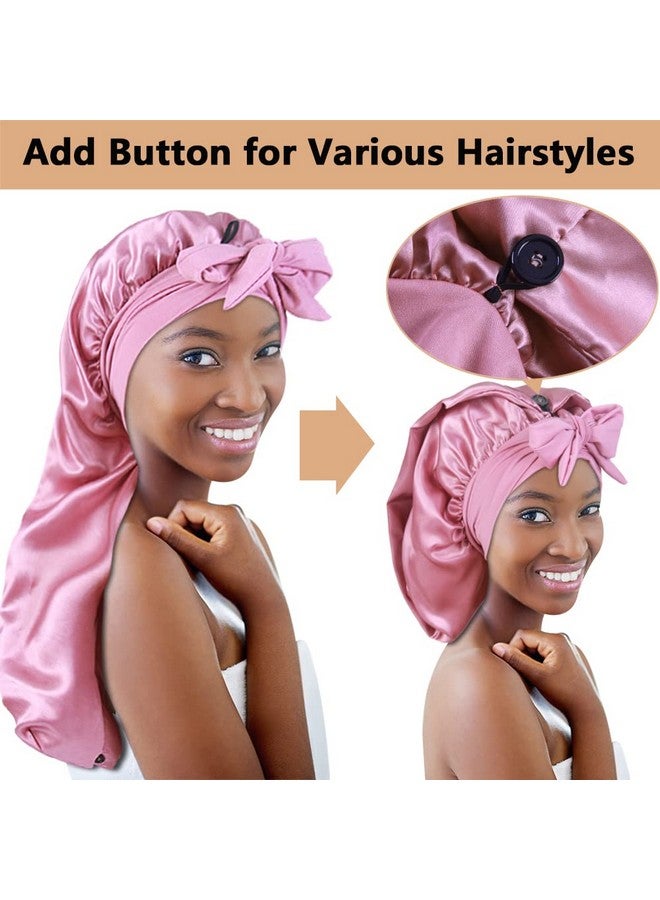 2Pcs Long Satin Bonnets With Tie Band Large Braid Bonnet Silky Hair Cap For Locs Women Sleeping A