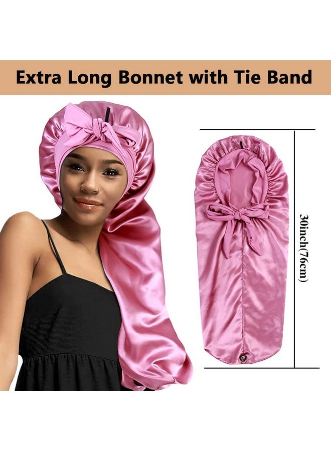 2Pcs Long Satin Bonnets With Tie Band Large Braid Bonnet Silky Hair Cap For Locs Women Sleeping A