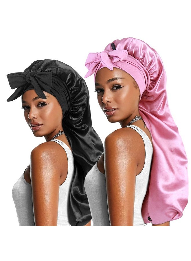 2Pcs Long Satin Bonnets With Tie Band Large Braid Bonnet Silky Hair Cap For Locs Women Sleeping A