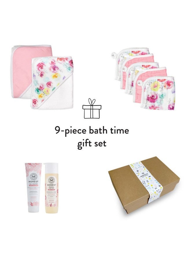 9Piece Bubbles And Cuddles Gift Set Bath And Lotion 100% Organic Cotton For Infant Baby Boys Girls Unisex Rose Blossom/Almond One Size
