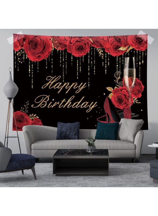 Happy Birthday Backdrop For Women Red Flowers Glitter Stiletto Champagne Heels Photography Background 30Th 40Th 50Th 60Th 70Th 80Th Birthday Banner Party Decorations Photo Booth Props 7X5Ft