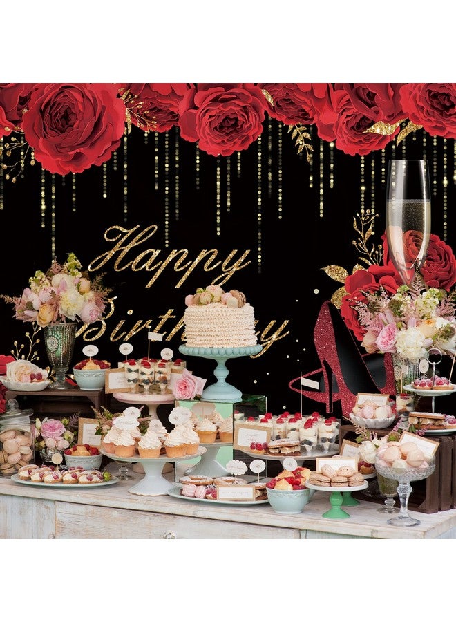 Happy Birthday Backdrop For Women Red Flowers Glitter Stiletto Champagne Heels Photography Background 30Th 40Th 50Th 60Th 70Th 80Th Birthday Banner Party Decorations Photo Booth Props 7X5Ft