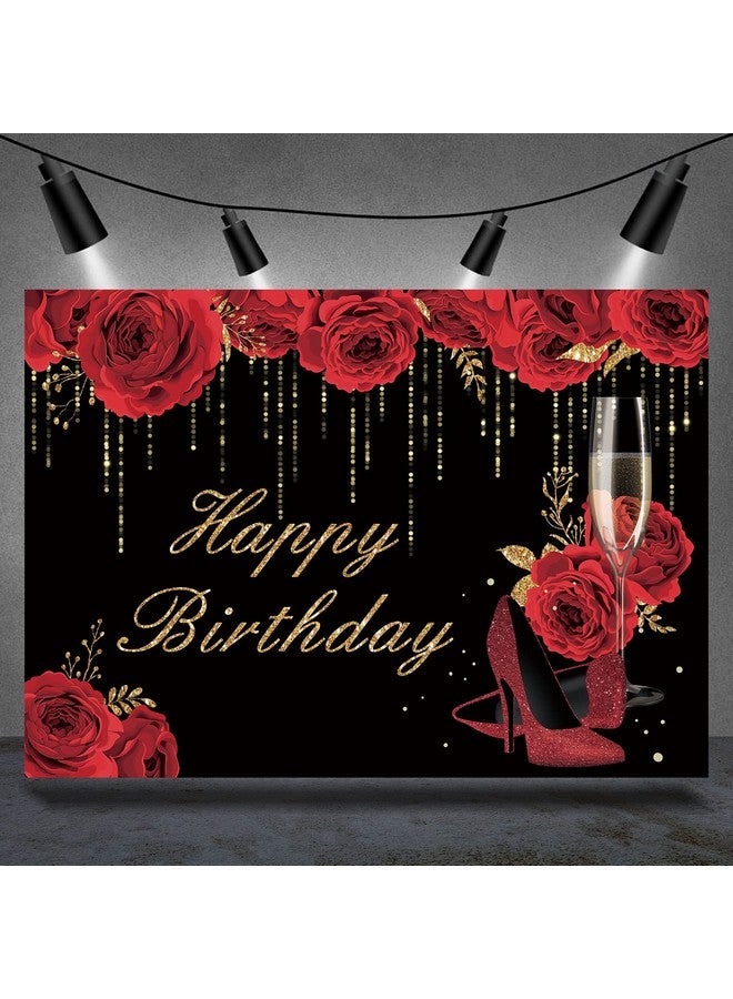 Happy Birthday Backdrop For Women Red Flowers Glitter Stiletto Champagne Heels Photography Background 30Th 40Th 50Th 60Th 70Th 80Th Birthday Banner Party Decorations Photo Booth Props 7X5Ft