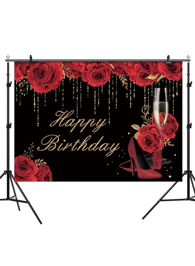 Happy Birthday Backdrop For Women Red Flowers Glitter Stiletto Champagne Heels Photography Background 30Th 40Th 50Th 60Th 70Th 80Th Birthday Banner Party Decorations Photo Booth Props 7X5Ft