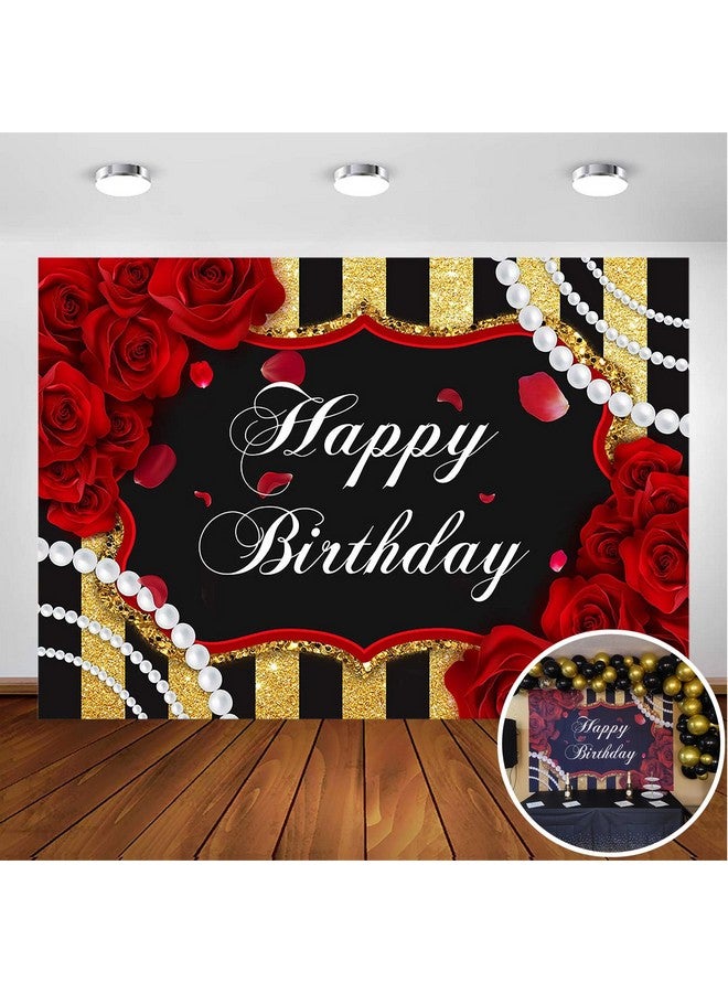 Red Rose Birthday Backdrop For Girls Woman Party Decorations Red Roses Floral Pearl Black And Gold Stripes Happy Birthday Party Banner Photoshoot Photography Background Party Supplies (7X5Ft)