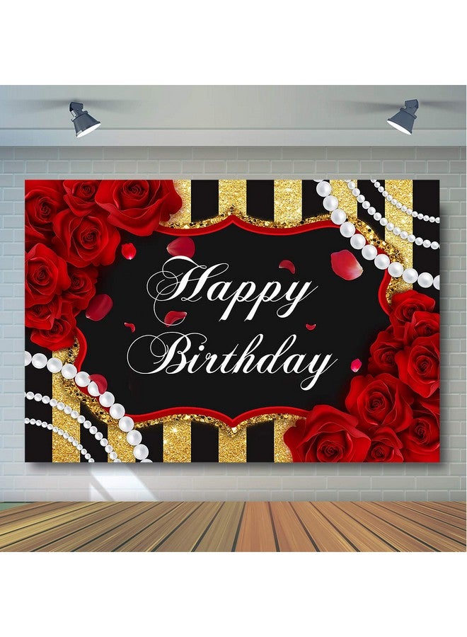 Red Rose Birthday Backdrop For Girls Woman Party Decorations Red Roses Floral Pearl Black And Gold Stripes Happy Birthday Party Banner Photoshoot Photography Background Party Supplies (7X5Ft)
