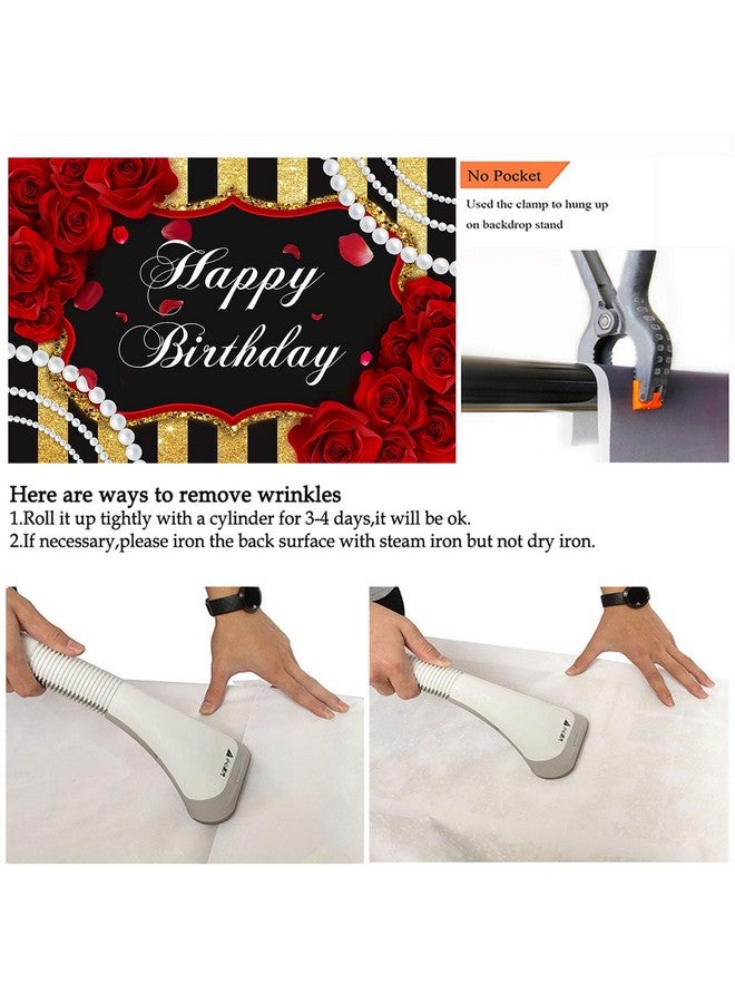 Red Rose Birthday Backdrop For Girls Woman Party Decorations Red Roses Floral Pearl Black And Gold Stripes Happy Birthday Party Banner Photoshoot Photography Background Party Supplies (7X5Ft)