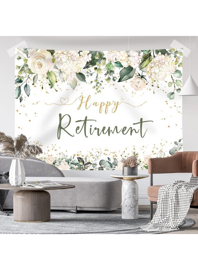 Happy Retirement Backdrop White Flowers Green Leaves Photography Background Retirement Party Decorations Glitter Gold Retirement Party Decorations Supplies For Women Photo Booth Props 7X5Ft