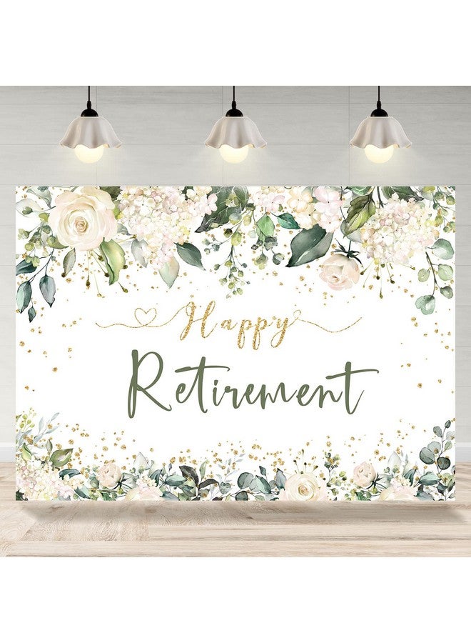 Happy Retirement Backdrop White Flowers Green Leaves Photography Background Retirement Party Decorations Glitter Gold Retirement Party Decorations Supplies For Women Photo Booth Props 7X5Ft