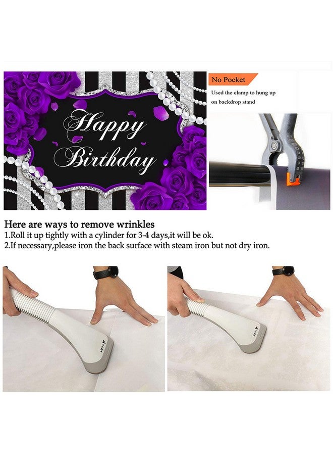 Purple Rose Birthday Backdrop For Girls Woman Party Decorations Purple Roses Floral Pearl Black And Silver Stripes Happy Birthday Party Banner Photoshoot Photography Background (7X5Ft)