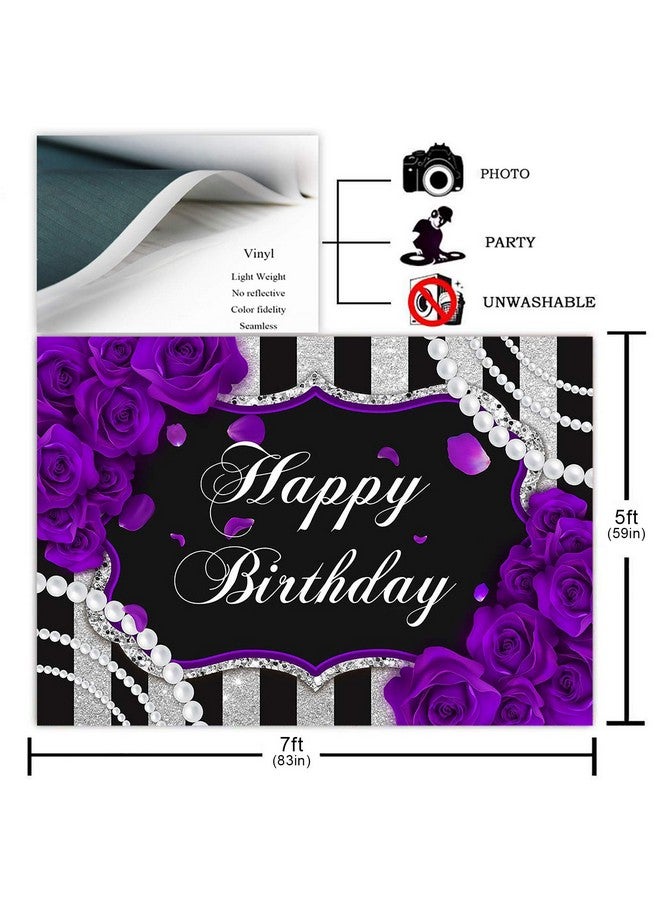 Purple Rose Birthday Backdrop For Girls Woman Party Decorations Purple Roses Floral Pearl Black And Silver Stripes Happy Birthday Party Banner Photoshoot Photography Background (7X5Ft)