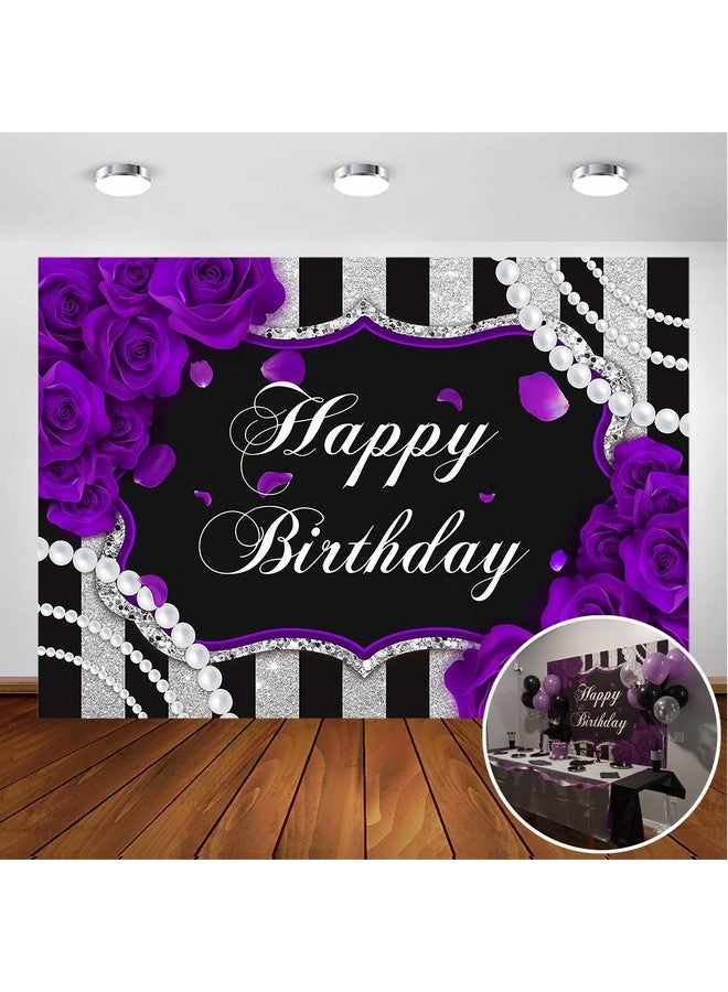 Purple Rose Birthday Backdrop For Girls Woman Party Decorations Purple Roses Floral Pearl Black And Silver Stripes Happy Birthday Party Banner Photoshoot Photography Background (7X5Ft)