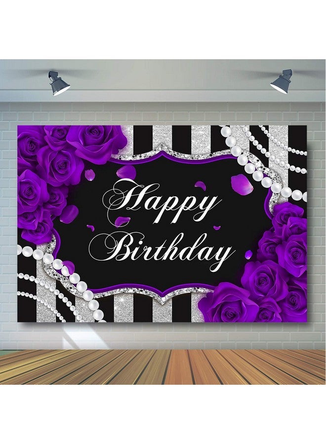 Purple Rose Birthday Backdrop For Girls Woman Party Decorations Purple Roses Floral Pearl Black And Silver Stripes Happy Birthday Party Banner Photoshoot Photography Background (7X5Ft)