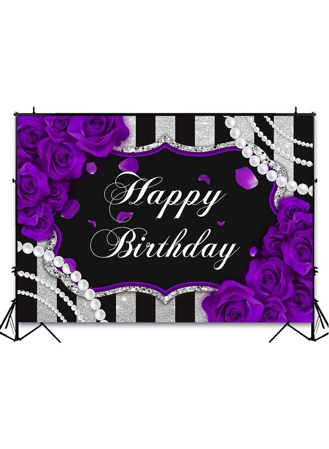 Purple Rose Birthday Backdrop For Girls Woman Party Decorations Purple Roses Floral Pearl Black And Silver Stripes Happy Birthday Party Banner Photoshoot Photography Background (7X5Ft)