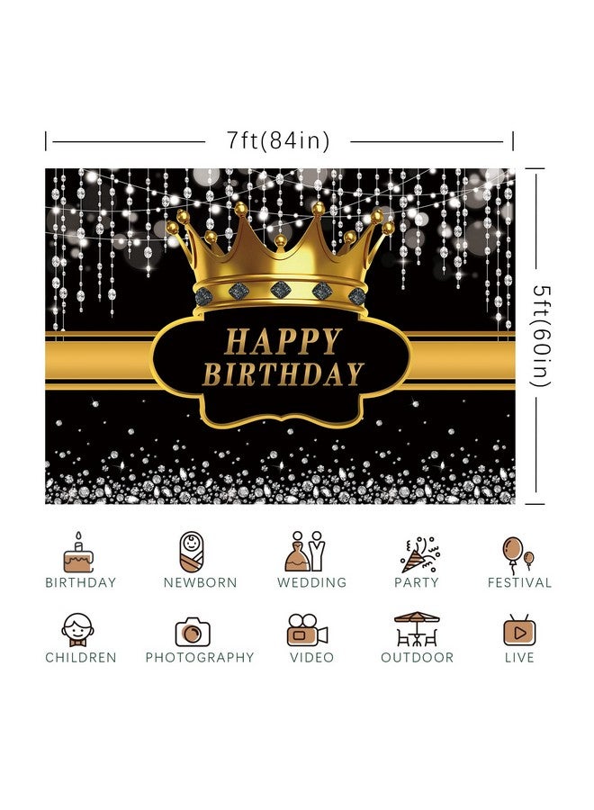 Black And Gold Happy Birthday Backdrop Silver Bokeh Dots Dimonds Crown Royal Golden Photography Background For Man Women Prince King Birthday Party Banner Decoration Studio Photo Props 7X5Ft