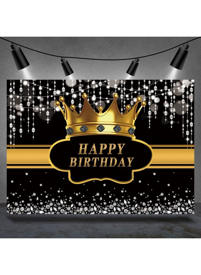 Black And Gold Happy Birthday Backdrop Silver Bokeh Dots Dimonds Crown Royal Golden Photography Background For Man Women Prince King Birthday Party Banner Decoration Studio Photo Props 7X5Ft