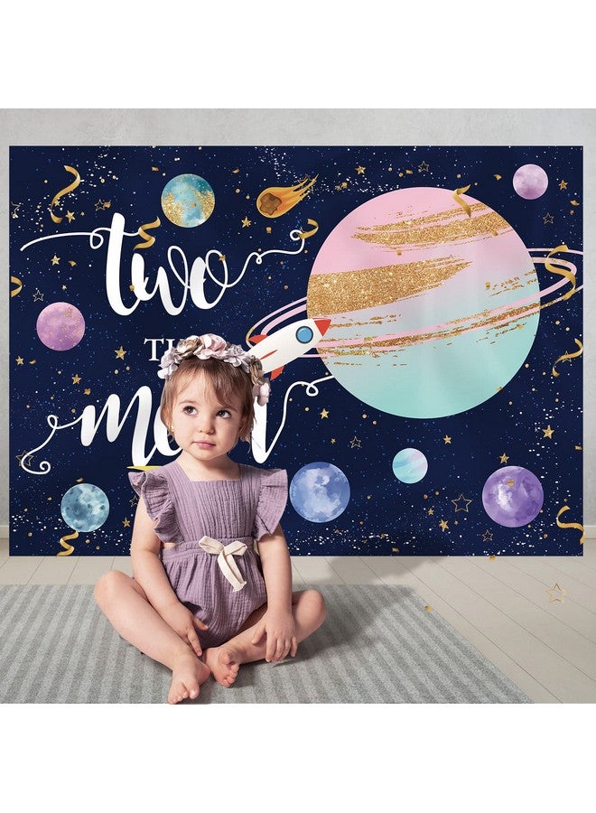 Two The Moon 2Nd Birthday Backdrop For Girl Outer Space Theme Rocket Astronaut Photography Background Night Sky Stars Planet Galaxy Kids Birthday Party Decor Banner Photo Booth Props 7X5Ft