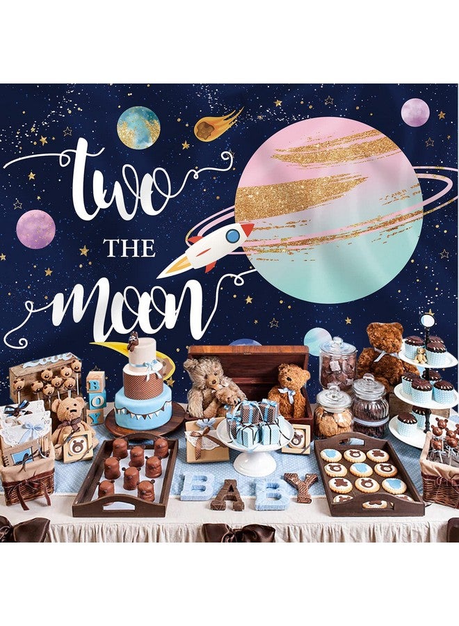 Two The Moon 2Nd Birthday Backdrop For Girl Outer Space Theme Rocket Astronaut Photography Background Night Sky Stars Planet Galaxy Kids Birthday Party Decor Banner Photo Booth Props 7X5Ft