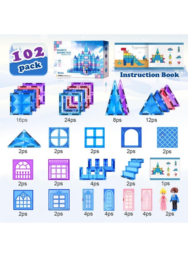 Frozen Toys For Girls Magnetic Tiles 102Pcs With Dolls Princess Castle Building Toys Girls Toys Age 45 68 Magnetic Blocks Birthday Gifts & Toys For 3 4 5 6 7 8+ Year Old Xmas Gifts For Kids