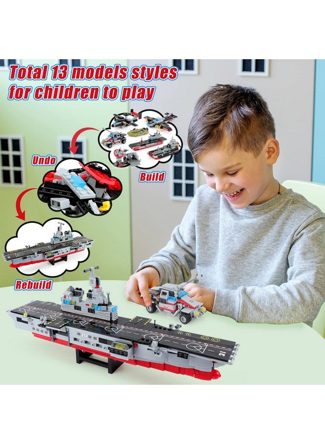 1161 Pieces Aircraft Carrier Building Blocks Set 13 In 1 Military Battleship Model Building Toy Kit With Armored Tank Fighter Patrol Boat & Cannon Roleplay Stem Construction Toys Gift For Kids 6+