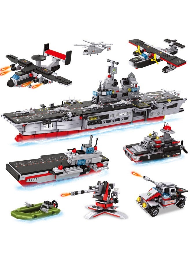 1161 Pieces Aircraft Carrier Building Blocks Set 13 In 1 Military Battleship Model Building Toy Kit With Armored Tank Fighter Patrol Boat & Cannon Roleplay Stem Construction Toys Gift For Kids 6+