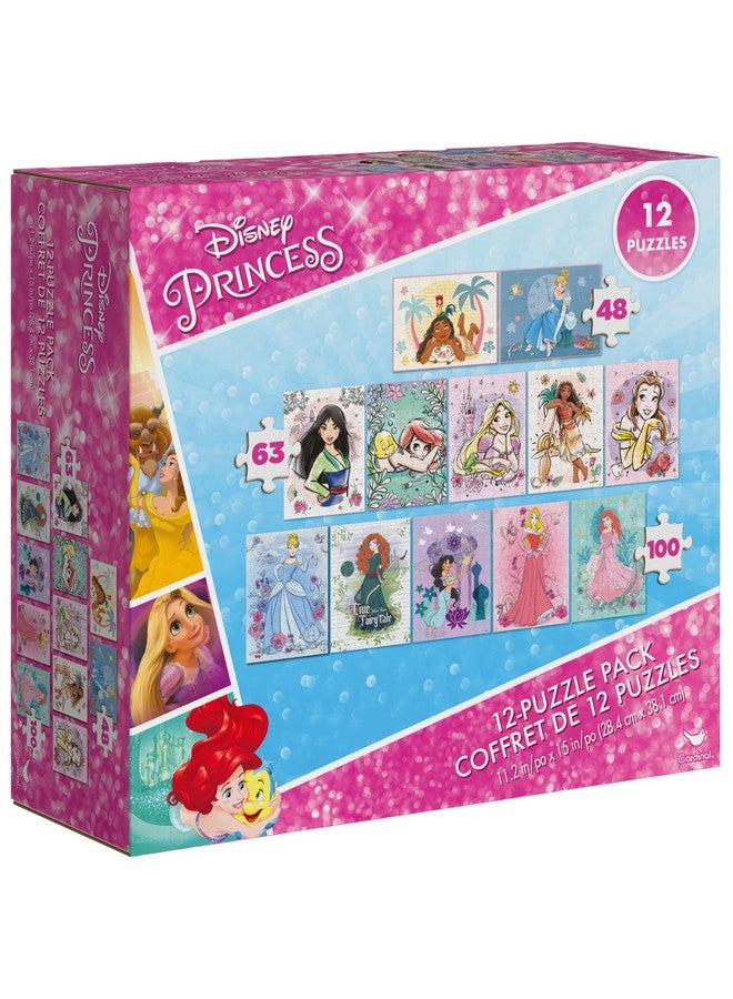 Disney Princess 12Puzzle Pack 48Piece 63Piece 100Piece Jigsaw Puzzles For Kids Ariel Moana Cinderella Jasmine For Preschoolers Ages 4 And Up