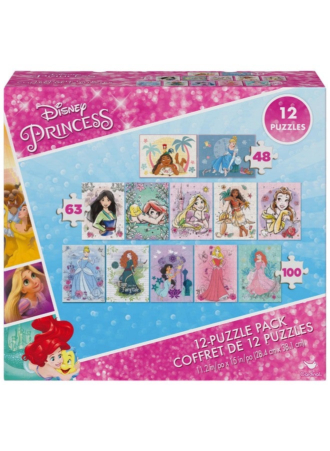 Disney Princess 12Puzzle Pack 48Piece 63Piece 100Piece Jigsaw Puzzles For Kids Ariel Moana Cinderella Jasmine For Preschoolers Ages 4 And Up