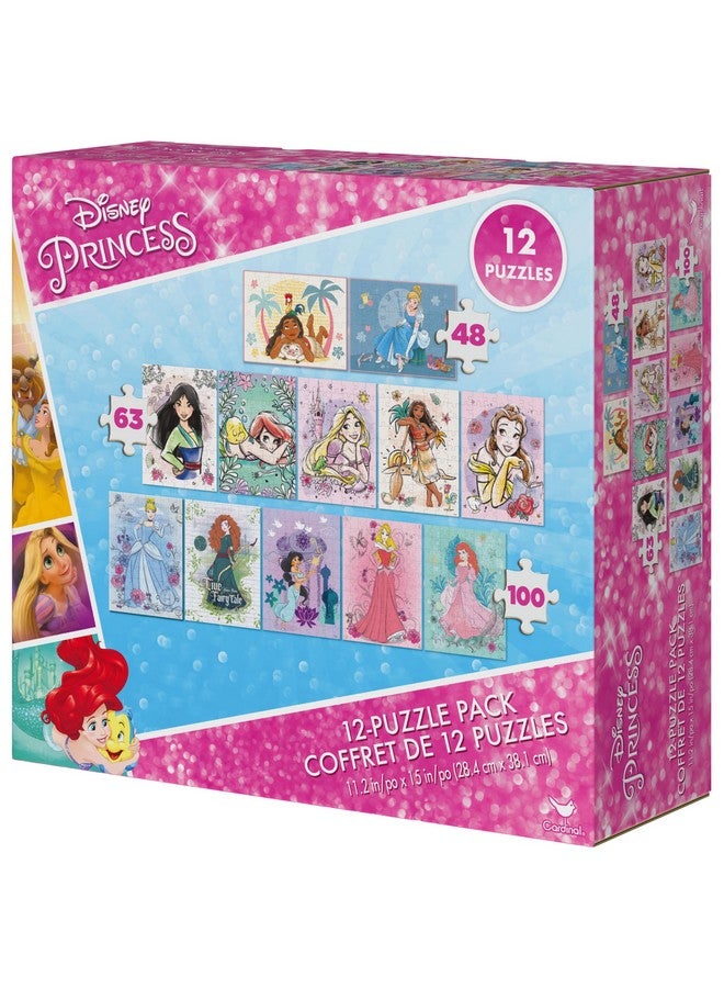 Disney Princess 12Puzzle Pack 48Piece 63Piece 100Piece Jigsaw Puzzles For Kids Ariel Moana Cinderella Jasmine For Preschoolers Ages 4 And Up