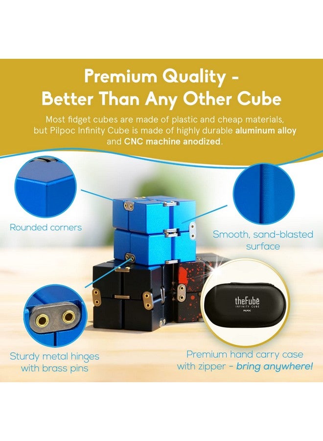 Thefube Infinity Cube Fidget Desk Toy Aluminum Infinite Magic Cube With Case Sturdy Heavy Relieve Stress And Anxiety For Add Adhd Ocd (Blue)