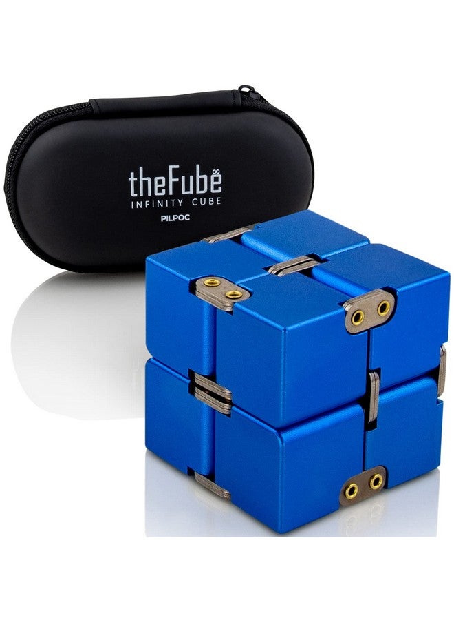 Thefube Infinity Cube Fidget Desk Toy Aluminum Infinite Magic Cube With Case Sturdy Heavy Relieve Stress And Anxiety For Add Adhd Ocd (Blue)