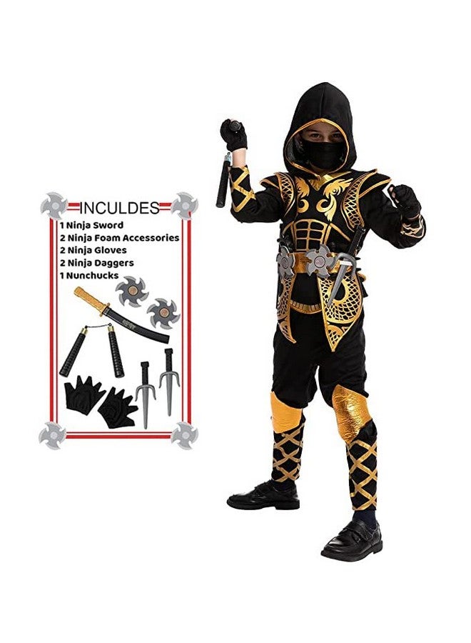 Golden Ninja Deluxe Costume Set With Ninja Foam Accessories Toys For Kids Kung Fu Outfit Halloween Ideas (Small (57Yr))