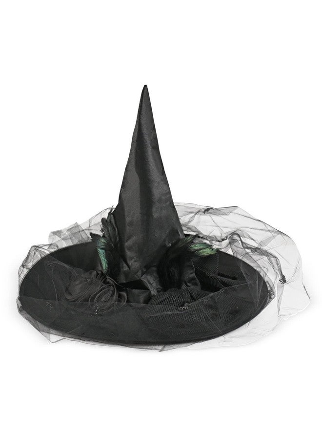 Deluxe Pointed Witch Hat Glamorous Black Witches Accessories Fancy Satin Hat With Bow Spiders And Black Feathers