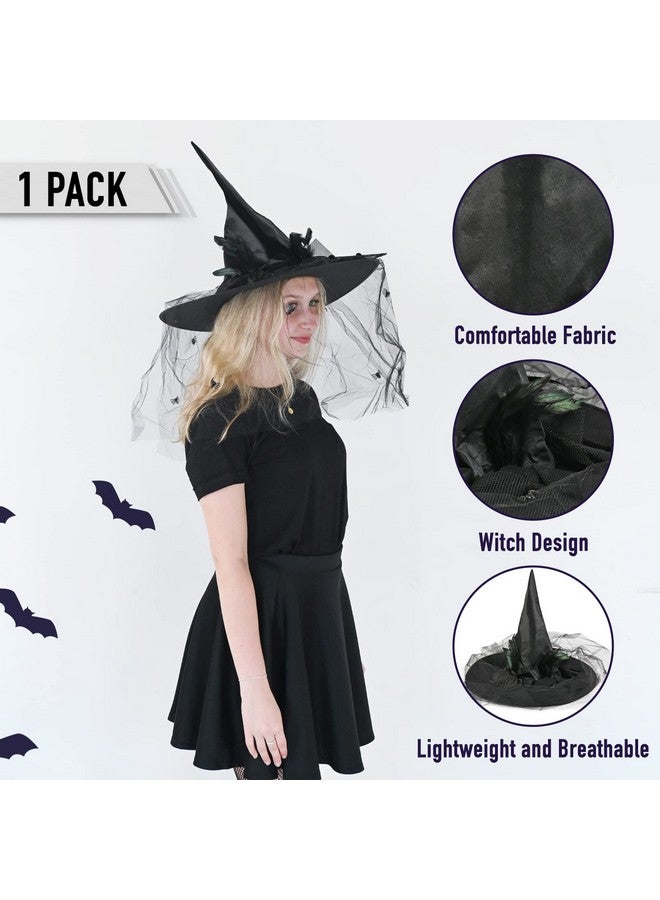 Deluxe Pointed Witch Hat Glamorous Black Witches Accessories Fancy Satin Hat With Bow Spiders And Black Feathers