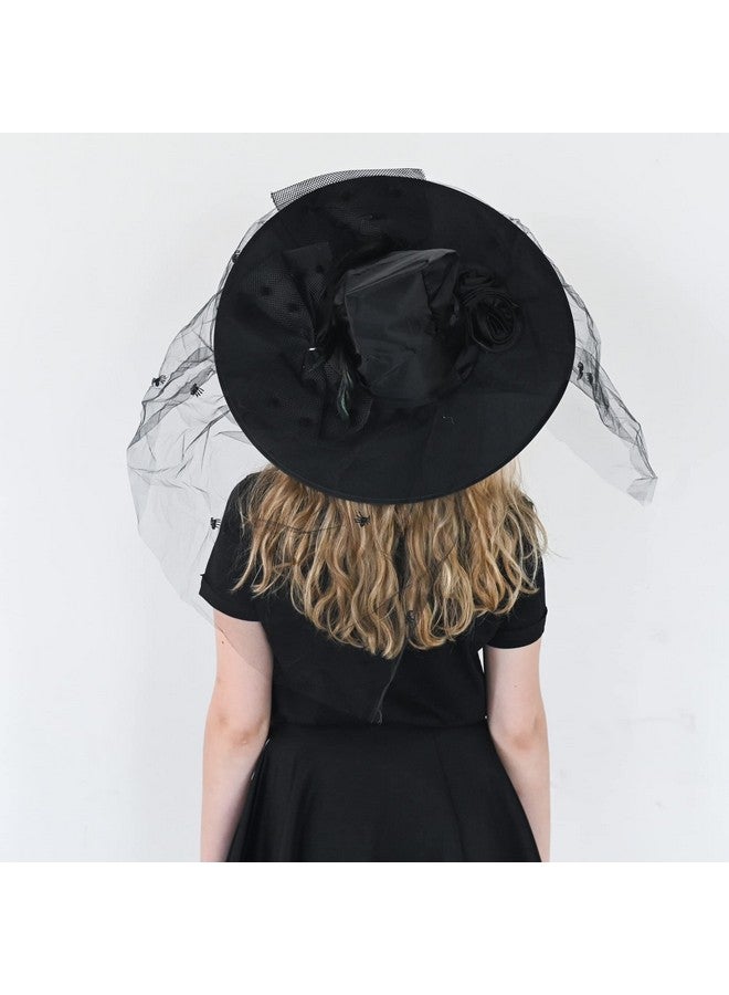 Deluxe Pointed Witch Hat Glamorous Black Witches Accessories Fancy Satin Hat With Bow Spiders And Black Feathers