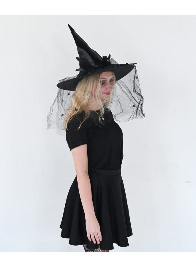 Deluxe Pointed Witch Hat Glamorous Black Witches Accessories Fancy Satin Hat With Bow Spiders And Black Feathers