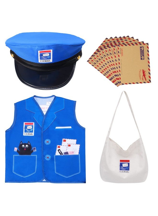 Kids Mailman Costume Mail Carrier Hat Mr. Postman Canvas Bag Vest Envelopes For Halloween Career Day Postal Costume