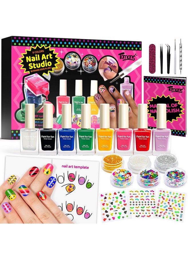 Quick Dry Nail Polish Set Non Toxic Kids Nail Polish Kit For Kids Ages 712 Birthday Gifts For 6 7 8 9 10 11 12 Year Old Girl Glitter Sequins Stickers Nail Art Tools 8 Colors