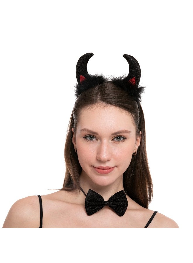 4 Pcs Halloween Devil Costume Set Demon Costume With Black Devil Horn Headband Devil Pitchfork Bow Tie And Tail For Halloween Cosplay Party Accessories