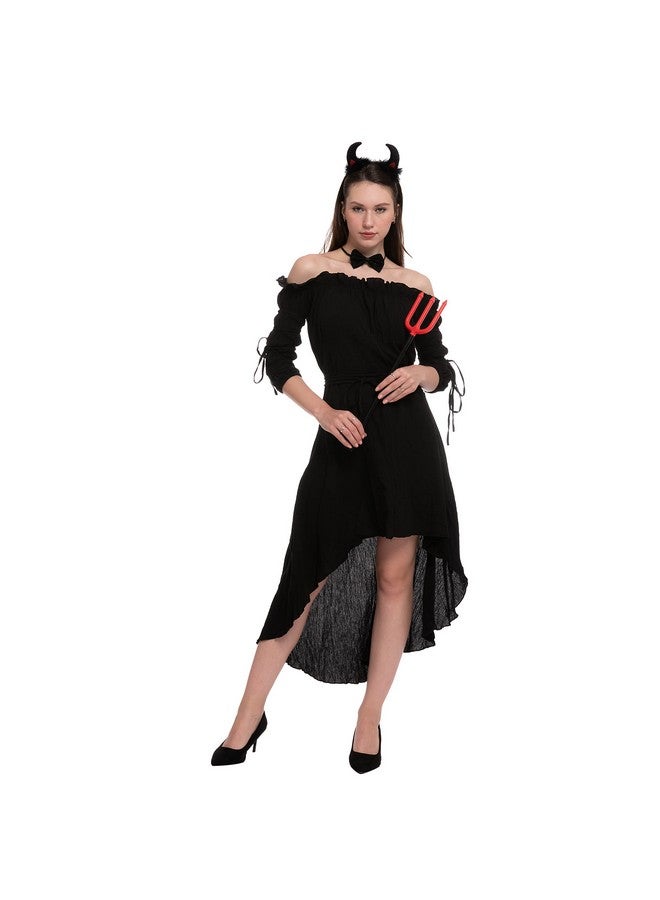 4 Pcs Halloween Devil Costume Set Demon Costume With Black Devil Horn Headband Devil Pitchfork Bow Tie And Tail For Halloween Cosplay Party Accessories