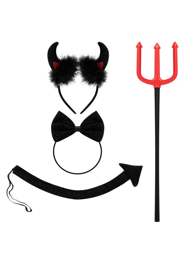 4 Pcs Halloween Devil Costume Set Demon Costume With Black Devil Horn Headband Devil Pitchfork Bow Tie And Tail For Halloween Cosplay Party Accessories