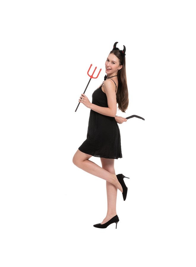 4 Pcs Halloween Devil Costume Set Demon Costume With Black Devil Horn Headband Devil Pitchfork Bow Tie And Tail For Halloween Cosplay Party Accessories