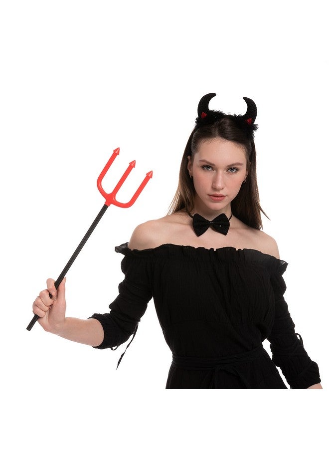 4 Pcs Halloween Devil Costume Set Demon Costume With Black Devil Horn Headband Devil Pitchfork Bow Tie And Tail For Halloween Cosplay Party Accessories