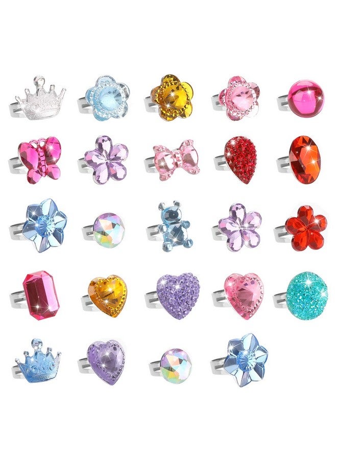 24 Pcs Girls Crystal Adjustable Rings Princess Jewelry Finger Rings With Heart Shape Box Girl Pretend Play And Dress Up Rings For Children Kids Little Girls Random