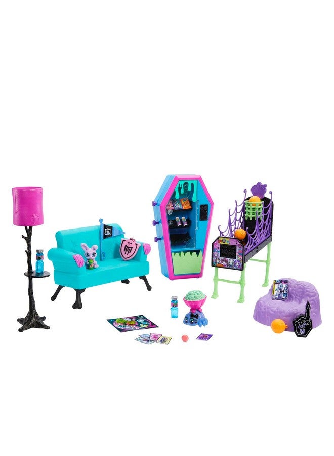 Student Lounge Playset Doll House Furniture And Themed Accessories With Two Pets And Working Vending Machine