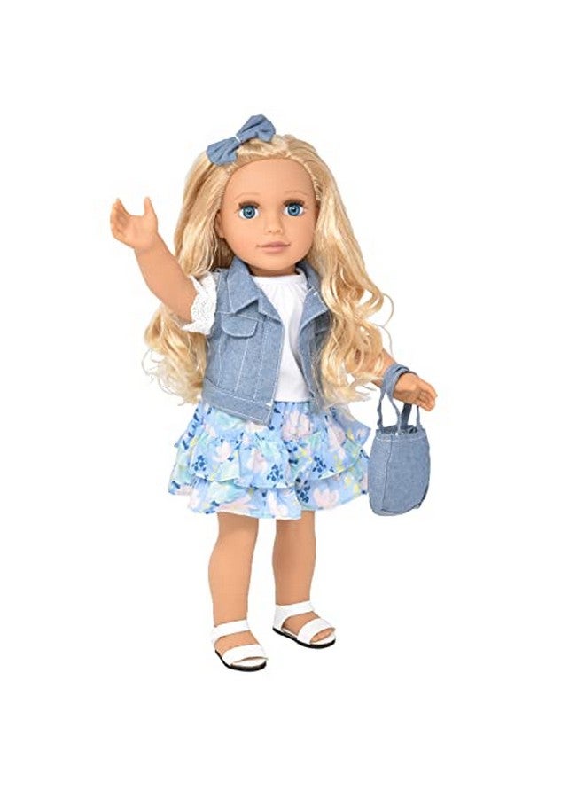 18 Inch Girl Doll Fashion Doll With Fine Blond Long Hair For Styling Blue Eyes Floral Outfit Denim Jacket Sandals Boots Hair Bow Handbag Doll Clothes & Accessories Princess Doll For Girls And Kids