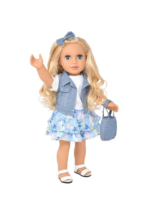 18 Inch Girl Doll Fashion Doll With Fine Blond Long Hair For Styling Blue Eyes Floral Outfit Denim Jacket Sandals Boots Hair Bow Handbag Doll Clothes & Accessories Princess Doll For Girls And Kids