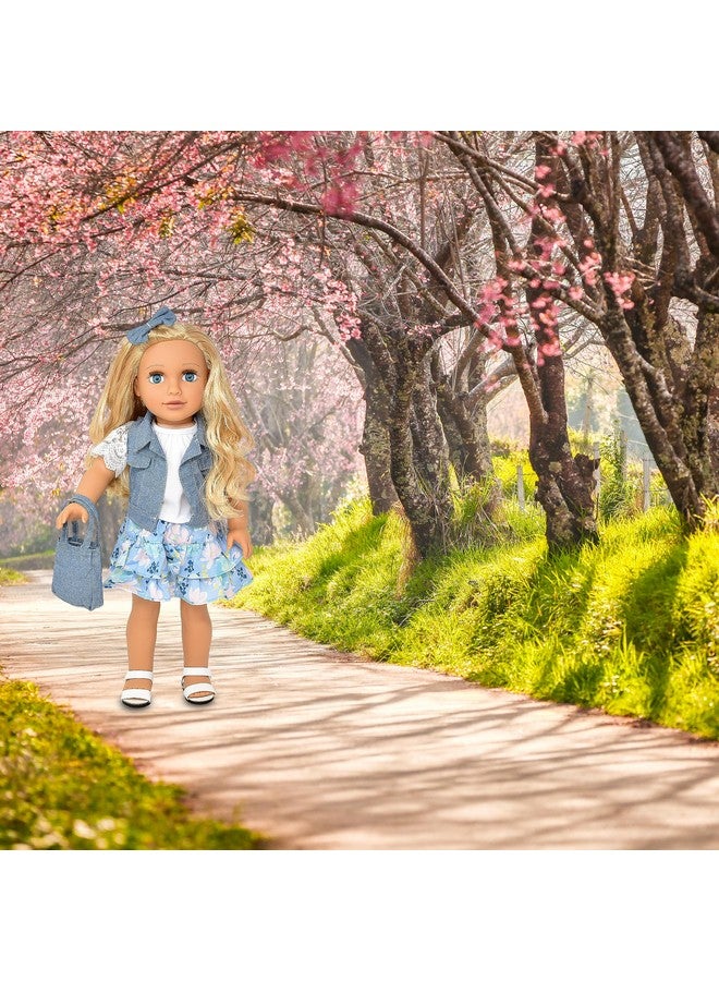 18 Inch Girl Doll Fashion Doll With Fine Blond Long Hair For Styling Blue Eyes Floral Outfit Denim Jacket Sandals Boots Hair Bow Handbag Doll Clothes & Accessories Princess Doll For Girls And Kids